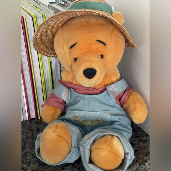 Vintage Disney Winnie the Pooh Denim Overall Straw Hat 14in Plush Garden Pooh - Picture 2 of 5